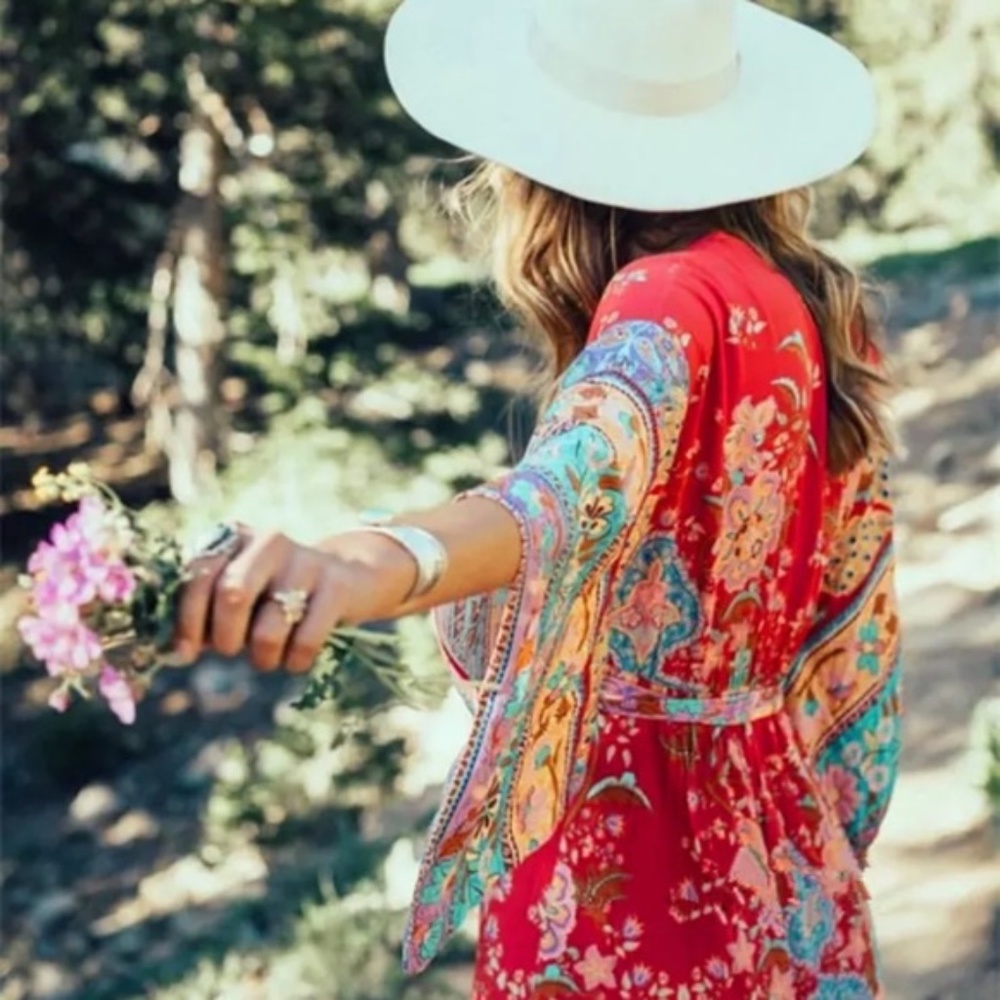 SOLD OUT Bohemian Red Floral Gypsy Kimono Long Maxi Dress - Picture 3 of 16